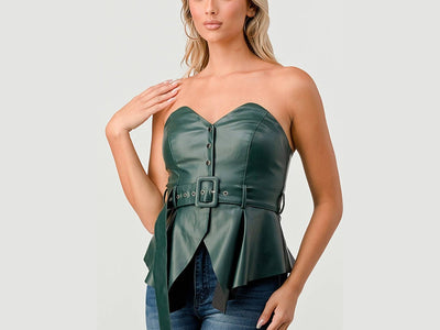 Vegan Leather Peplum Top in Hunter Green